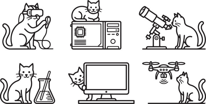 Set of black and white line art icons depicting various curious cats interacting with modern technology and scientific equipment tools