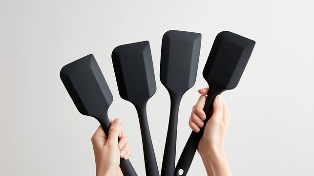 Four black silicone spatulas held by hands against a light gray background, showcasing different shapes and sizes for versatile cooking and baking applications