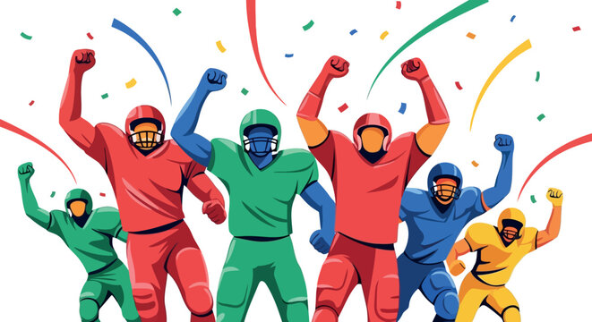 People celebrating with raised arms in colorful outfits