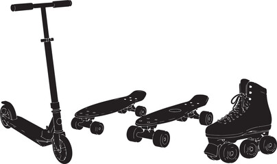 Naklejka premium Black silhouette of a kick scooter, two skateboards, and a pair of roller skates on a white background, also transparent background