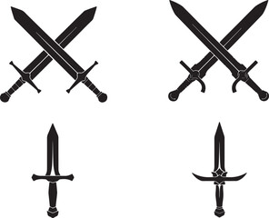 Four black silhouette sword two crossed longswords, one upright longsword, and one ornate upright sword also transparent background © BeCoolOk