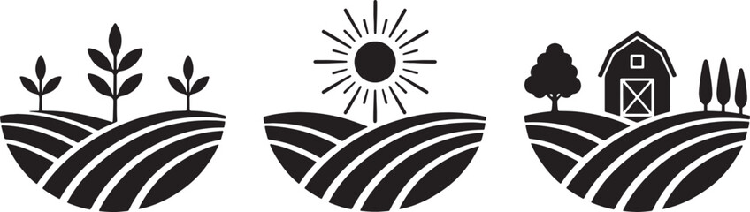 Stylized black and white depicting agricultural scenes: sprouting plants, sun over fields, and a barn with trees also transparent background © BeCoolOk