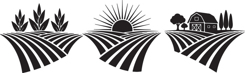 Stylized black and white of a farm landscape with rolling fields, crops, a rising sun, and a barn with trees also transparent background © BeCoolOk