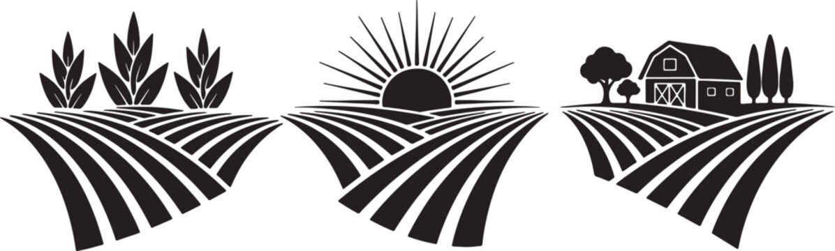Stylized black and white of a farm landscape with rolling fields, crops, a rising sun, and a barn with trees also transparent background