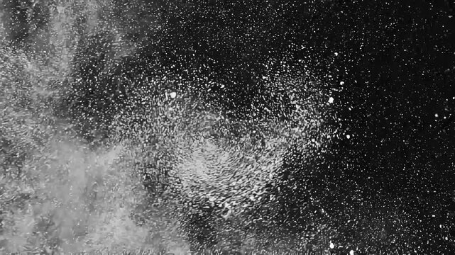 White Powder Explosion Burst with Fast Particle Cloud Trail on Black Background