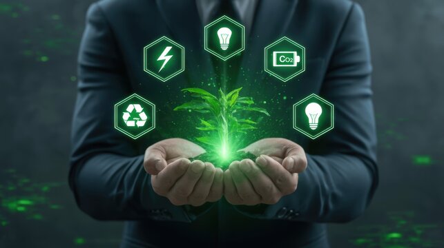 Businessperson holding growing green plant with glowing icons representing sustainable energy, eco friendly technology, recycling, and carbon dioxide reduction