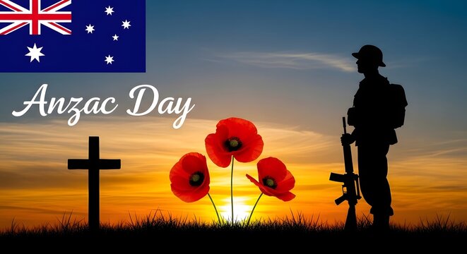 Silhouette of person at anzac day dawn service with poppies