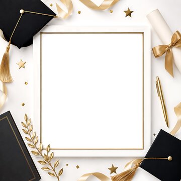 Elegant graduation celebration flat lay with blank white frame, academic caps, diploma, and gold decorations on a clean background.