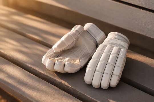 A pair of white cricket batting gloves resting on a wooden bench in warm sunlight.
