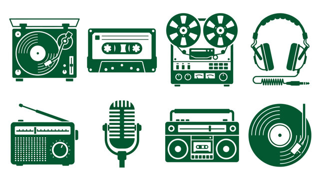 Retro music devices and equipment icons.
