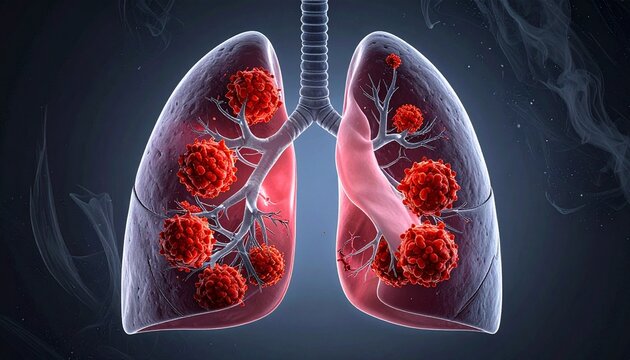 A detailed medical illustration of lungs with red tumor clusters, symbolizing lung cancer pathology and respiratory system anatomy.