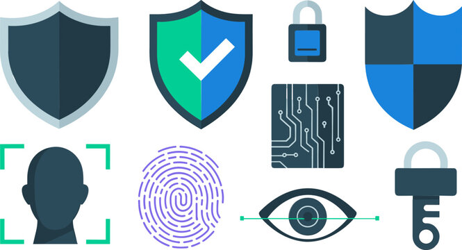 Biometric Cybersecurity and Data Protection Vector Icon Set Featuring Secure Shields, Face ID Recognition, Fingerprint Scanner, Iris Eye Scan, and Circuit Elements