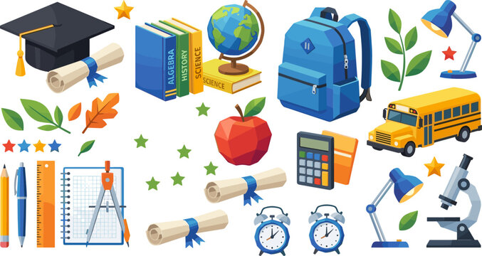 Back to School Education Vector Element Set Featuring Graduation Cap, Backpack, Yellow Bus, Microscope, Books, Globe, and Student Stationery Illustrations