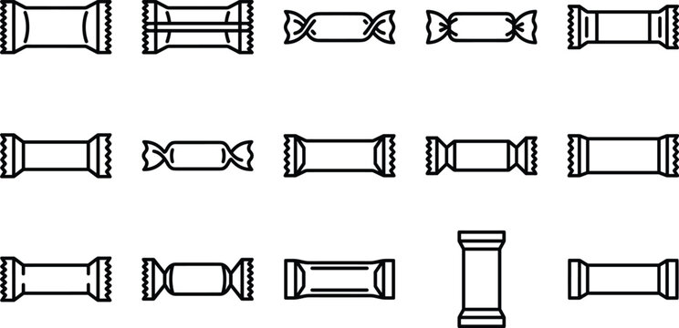 Minimal Black Line Candy Wrapper and Snack Flow Pack Icon Set with Blank Foil Pouch Outlines for Sweet Food Branding