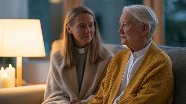 Palliative care chaplain sits beside grieving adult daughter in hospital family lounge, soft candlelit lamp beside couch, spiritual care and end-of-life bereavement support shown through quiet prese