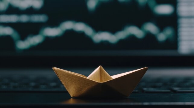 Paper boat on dark surface with blurred digital financial data chart and computer keyboard in background representing business growth and market analysis concept