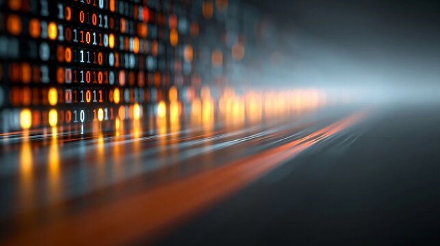 Abstract digital background featuring binary code in orange and blue colors with a blurred perspective, creating a futuristic technology theme