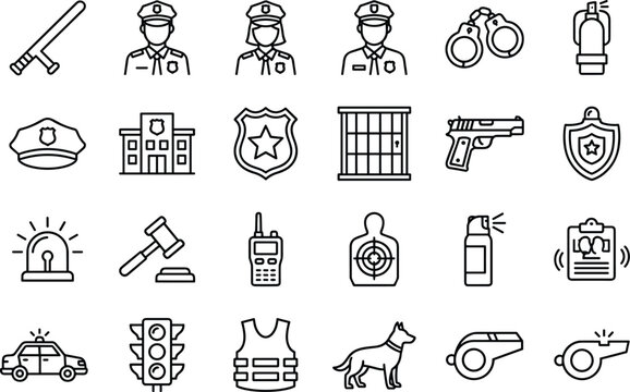 Police and law enforcement line icon set featuring officers badge handcuffs siren car patrol and security symbols