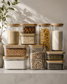 Collection of clear glass food storage containers with bamboo lids filled with various dry goods on a kitchen counter.