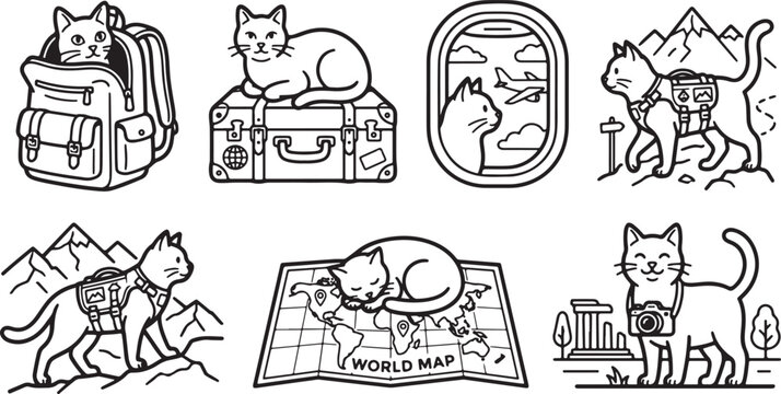 Collection of linear icons featuring cute cats participating in various travel activities like hiking flying and exploring the whole world