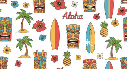 Hawaiian Tiki Masks, Surfboards, Palms, Pineapples, Hibiscus - Aloha Pattern © albab