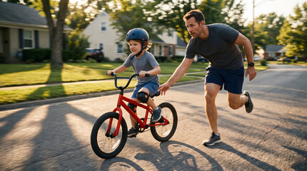 Fototapeta premium Father running alongside his young son learning to ride a red bicycle with a helmet on a suburban street at sunset.