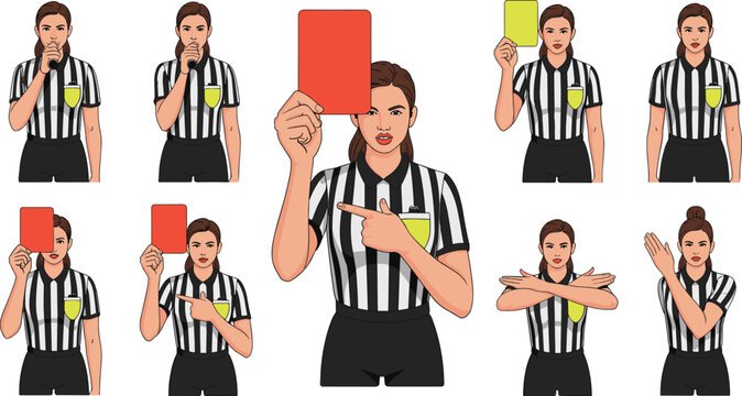 Soccer Referee Vector Icon Set Featuring Female Referee Showing Red and Yellow Cards Blowing Whistle for Football Match Graphic Designs