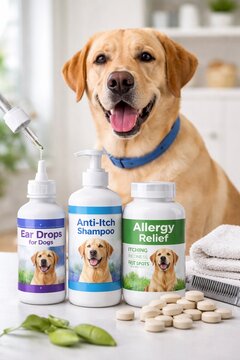 Lab yellow dog watching set of veterinary medicine bottles for pet healthcare. Animal skin treatment ear drop shampoo and allergy relief medication on table. Domestic pet care.