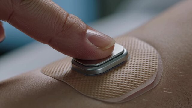 A close up view of a person using a wearable health monitor device on their skin.