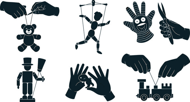 Puppet and Wooden Toy Making Silhouette Icon Set Featuring Marionettes Crafting Hands Scissors and Teddy Bear for Artisan Workshop Designs