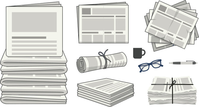Newspaper and Printed Media Vector Illustration Set Featuring Stacked Papers Rolled Journals and Daily News Publishing Elements