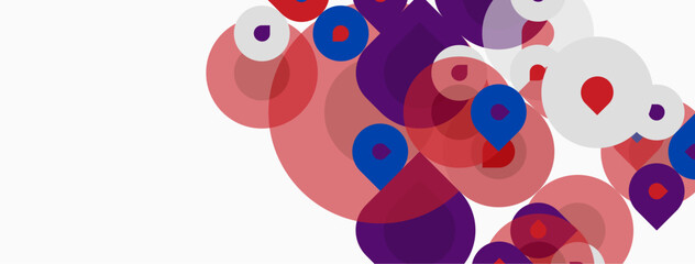 Naklejka premium Abstract circles, varying sizes, colors. Pink, purple, blue hues dominate white background. Modern, playful composition.