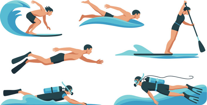 Water Sports Vector Icon Set Featuring Surfing Swimming Scuba Diving and Stand Up Paddleboarding for Summer Vacation Graphic Designs