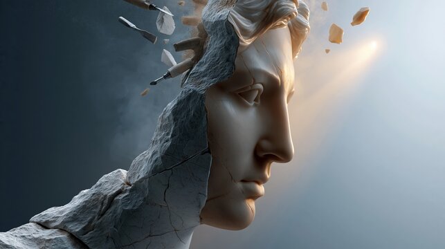 Abstract sculpture of a human head with fragmented stone elements breaking away, illuminated by soft light against a dark background