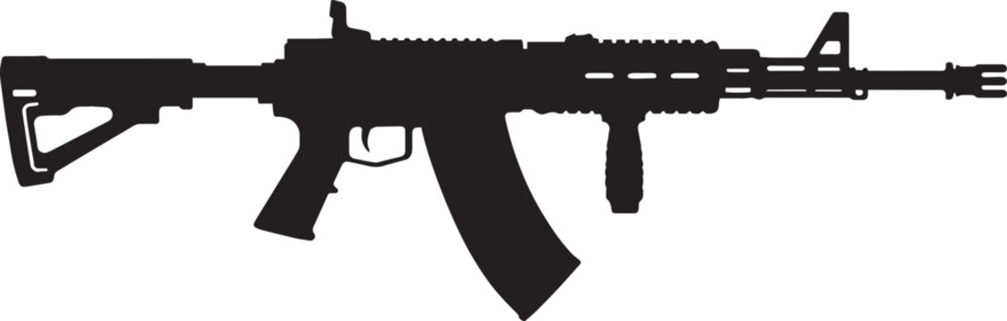 Tactical assault rifle silhouette vector, modern automatic firearm profile, military weapon icon for gaming and security design, black rifle clipart
