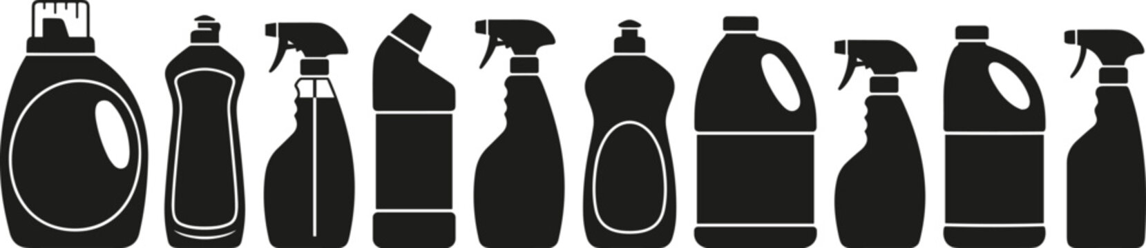 Black Cleaning Product Bottle Silhouette Set with Spray Triggers Laundry Detergent Jugs and Bleach Containers for Domestic Housework Branding Mockups