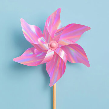 Pink holographic pinwheel on blue background toy spinner for kids event agency party shop kindergarten nursery school summer marketing advertising banner print web,