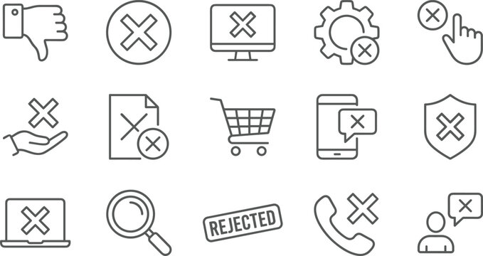 Rejection and cross mark line icon set featuring cancel prohibit delete error dislike shield and declined symbols