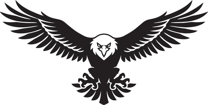 Majestic eagle mascot vector with spread wings, black and white bald eagle silhouette, powerful bird of prey emblem for sports and heraldry