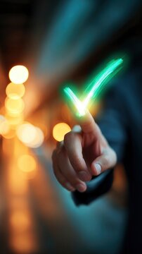 Hand pressing a glowing digital check mark symbol, concept of success and approval with soft focus background.