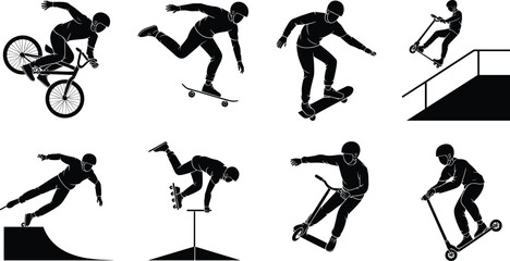 Fototapeta premium Extreme Sports Silhouette Icon Set Featuring Skateboarders, BMX Bikers, Scooter Riders, and Inline Skaters for Urban Action Graphic Designs