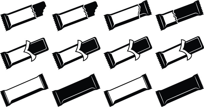 Black Chocolate Candy Bar Wrapper Icon Set with Opened Half Eaten Snack Packaging Outlines for Sweet Dessert Product Branding Templates