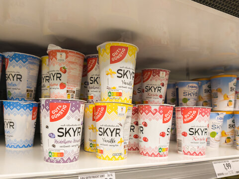 15 May 2026, Aachen, Germany. Skyr yogurt products on refrigerated shelf in E center Sch&auml;fer supermarket highlighting healthy dairy trend