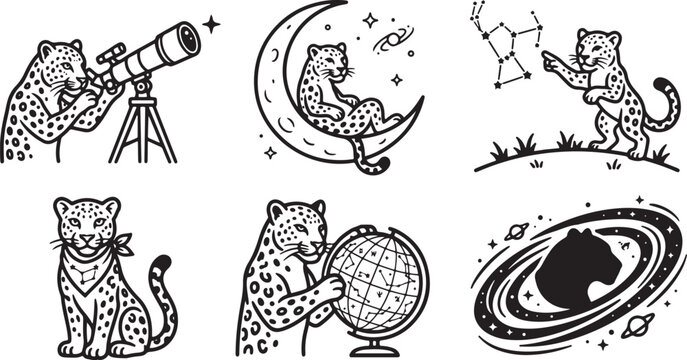 A collection of black and white line art illustrations featuring cute leopards exploring space and various astronomical science themes