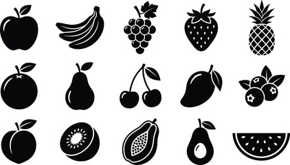 Black and white fruit 16 symbols including apple, banana, grape, and more fruit black and white strawberry © Graphic Shops