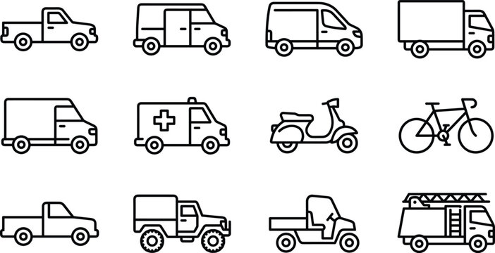 Transportation and commercial vehicle line icon set featuring trucks vans ambulance scooter bicycle and fire engine symbols