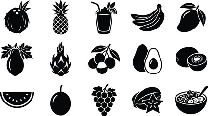 Black and white fruit including tropical fruits and fruit salad pineapple banana © Graphic Shops