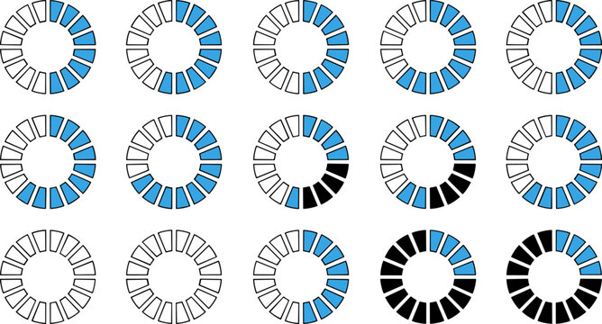 Blue and Black Segmented Circular Progress Loading Indicator Vector Icon Set Featuring Various Percentage Stages for Tech Infographics and User Interface Designs