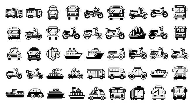A comprehensive collection of pixel art icons depicting various modes of transportation including buses, cars, motorcycles, and boats.