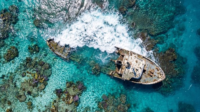 Aerial view of sunken shipwreck resting on colorful tropical coral reef with breaking waves in shallow turquoise water of Caribbean island paradise ocean scenery.